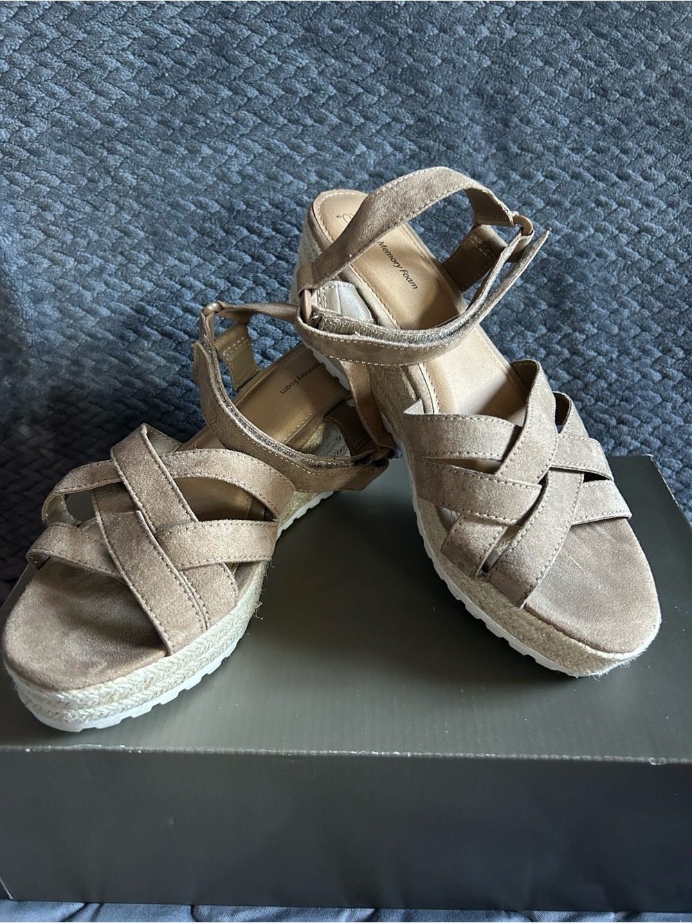 Time and Tru Taupe Suede Crisscross Espadrille Sandals - Picture 1 of 4